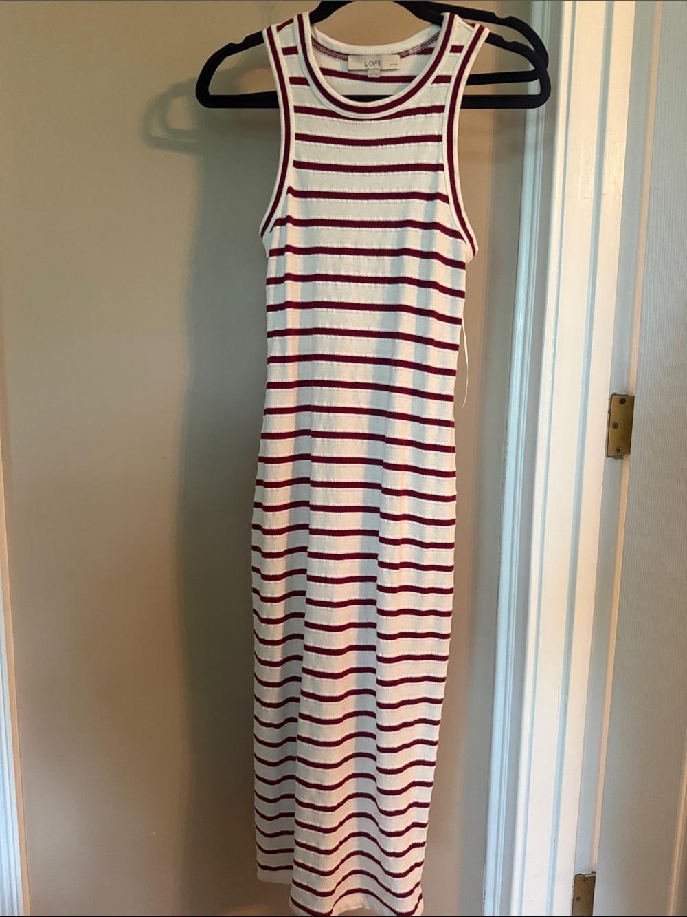 LOFT White and Burgundy Striped Ribbed Tank Maxi Dress
